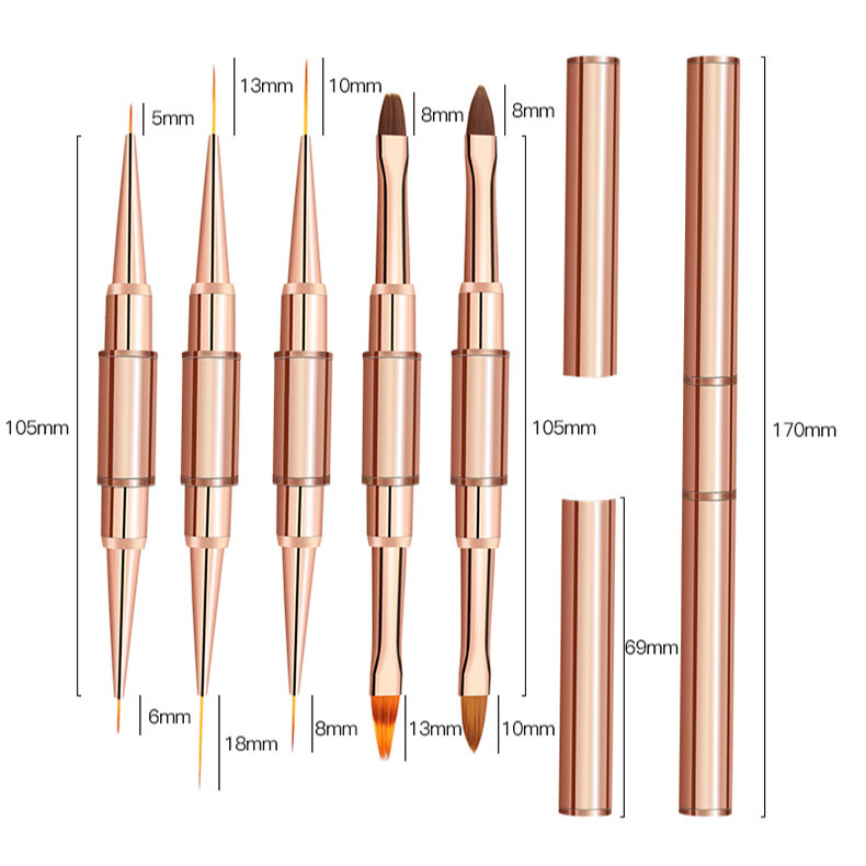 Πένα σχεδίασης νυχιών, ιαπωνικού στυλ διπλού κεφαλιού, στρογγυλή κεφαλή, μακριά λαβή αλουμινίου, 5 σετ βουρτσών