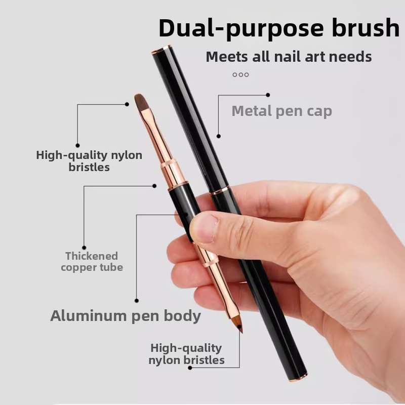 Пен за проследяване на линии върху ноктите, японски стил, двуглавен дизайн, кръгла глава, дълга алуминиева дръжка, 5 комплекта четки