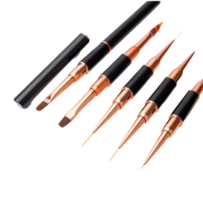 Πένα σχεδίασης νυχιών, ιαπωνικού στυλ διπλού κεφαλιού, στρογγυλή κεφαλή, μακριά λαβή αλουμινίου, 5 σετ βουρτσών