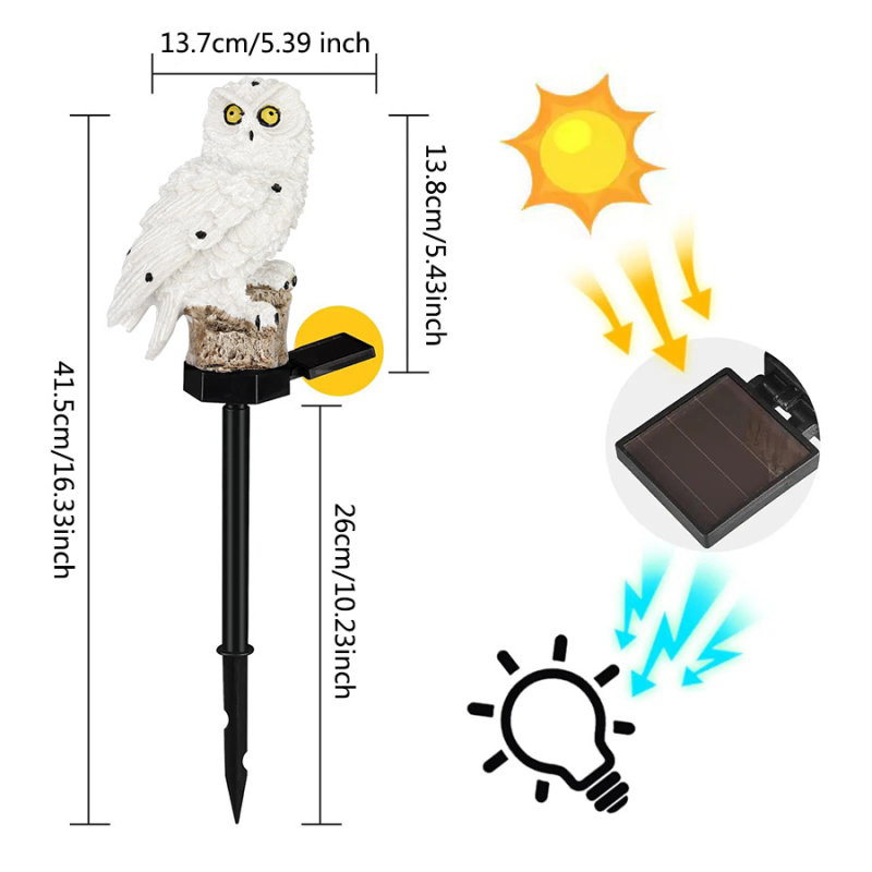 Kerti napelemes bagoly lámpa – LED fényforrás, gyanta, IP55, 6–12 órás üzemidő