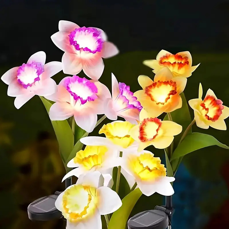 Napelemes dekoratív lámpa selyemszövet nárcisz és orkidéák virágokkal, rozsdamentes acél + ABS ház, 0,6 W, IP44, 6–12 óra, CE tanúsítvány