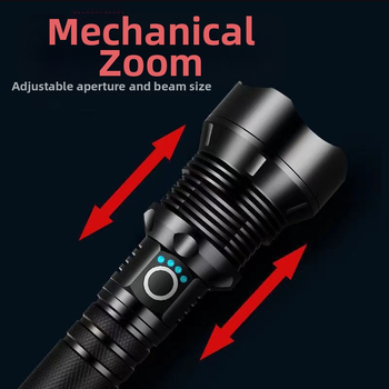 Φακός LED τακτικής – Τετραπύρηνος, επαναφορτιζόμενος, ζουμ ακτίνας φωτός, σώμα από αλουμίνιο, εμβέλεια 200–500 m