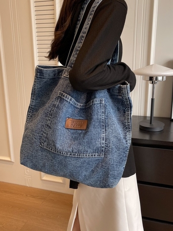 Τζιν Tote Τσάντα - Στυλ Δρόμου, Οριζόντιο Τετράγωνο Σχήμα, Μαγνητικό Κούμπωμα, Θήκη για Κινητό, Επένδυση Πολυεστέρα