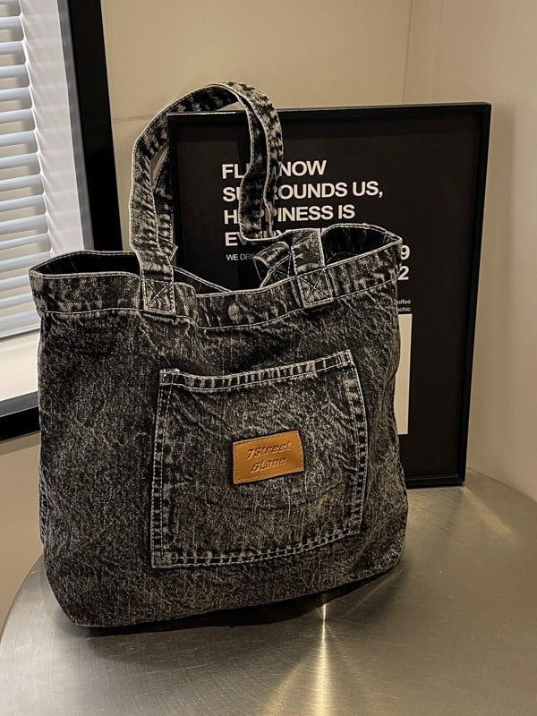 Denim Tote táska - Utcai stílus, Vízszintes négyszög alak, Mágneses zár, Telefontok, Poliészter bélés
