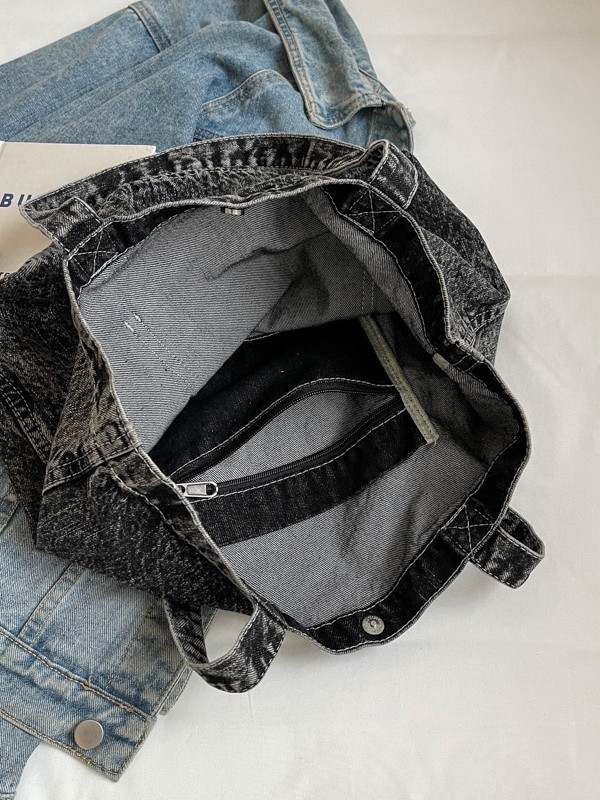 Denim Tote táska - Utcai stílus, Vízszintes négyszög alak, Mágneses zár, Telefontok, Poliészter bélés