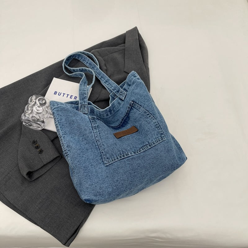 Denim Tote táska - Utcai stílus, Vízszintes négyszög alak, Mágneses zár, Telefontok, Poliészter bélés