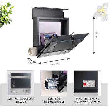 Стенно монтирана пощенска кутия с тръба за вестници — неръждаема стомана + галванизиран лист, модерен стил, полуавтоматичен процес, марка: Друга, лицензиран частен етикет