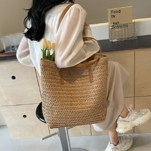 Γυναικεία ψάθινη Tote τσάντα, κάθετης τετράγωνης μορφής, φερμουάρ, επένδυση από πολυεστέρα