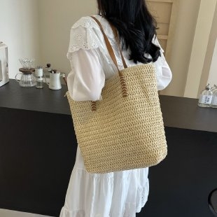 Γυναικεία ψάθινη Tote τσάντα, κάθετης τετράγωνης μορφής, φερμουάρ, επένδυση από πολυεστέρα