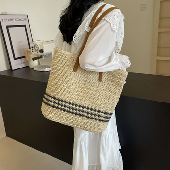 Γυναικεία ψάθινη Tote τσάντα, κάθετης τετράγωνης μορφής, φερμουάρ, επένδυση από πολυεστέρα