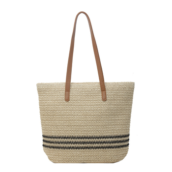 Γυναικεία ψάθινη Tote τσάντα, κάθετης τετράγωνης μορφής, φερμουάρ, επένδυση από πολυεστέρα