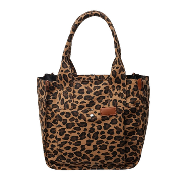 Платнена торба за пазаруване с леопардов принт - торба тип кофичка, цип за затваряне, подплата от полиестер, вътрешен джоб с цип и джоб за телефон, двойни презрамки