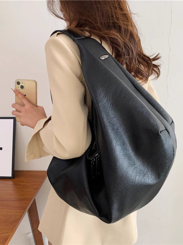 PU anyagú Tote táska, street trend stílus, vízszintes négyszögletes forma, cipzáras zárás, belső mobiltelefon zseb