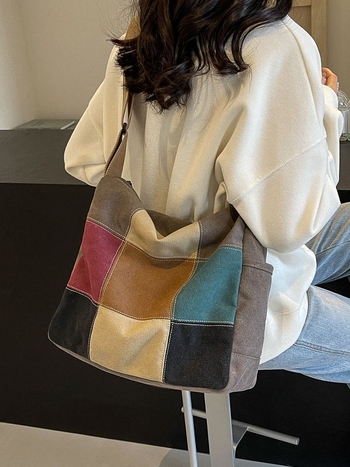 Τσάντα στον ώμο από καμβά, στυλ bucket bag, αστικός μινιμαλισμός, κάθετο τετράγωνο σχήμα, κλείσιμο με φερμουάρ