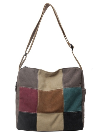 Τσάντα στον ώμο από καμβά, στυλ bucket bag, αστικός μινιμαλισμός, κάθετο τετράγωνο σχήμα, κλείσιμο με φερμουάρ