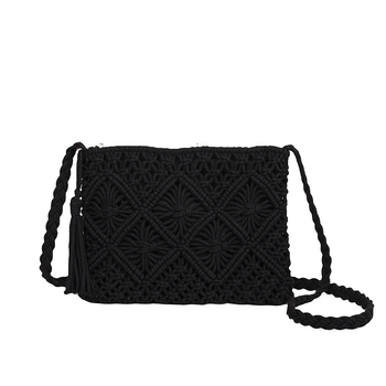 Χειροποίητη τσάντα από βαμβακερό κορδόνι με φούντες, πλεγμένη από ψάθα, crossbody με έναν ιμάντα, οριζόντιου τετράγωνου σχήματος, φερμουάρ