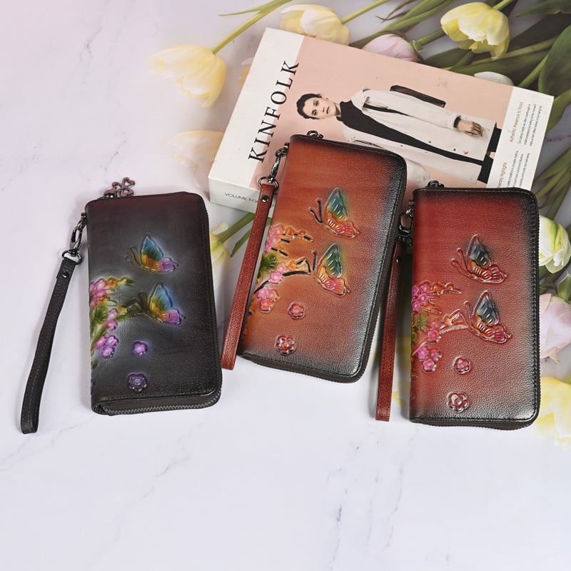 Ženski kožni novčanik s reljefom ruže, dugi zatvarač, klasični clutch stil, europsko-američki stil, cvjetni uzorak, kožna podstava, 2025 sezona