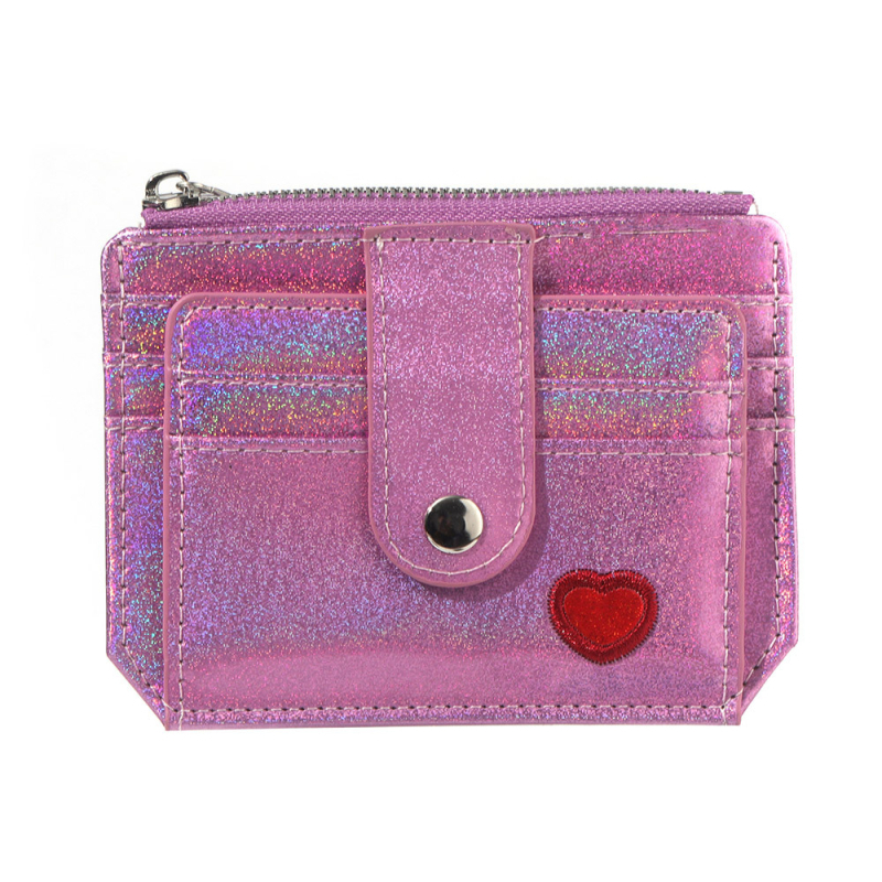 PU картодържател за карти с бродирано сърце за дами, мини портфейл с цип — геометричен модел, водоустойчив, ултра лек, против кражба, ежедневна употреба, пролет 2024