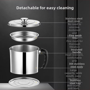 304 nerūdijančio plieno aliejaus indas, nepralaidus nuotėkiams, su dangčiu ir filtravimo tinklu virtuvei