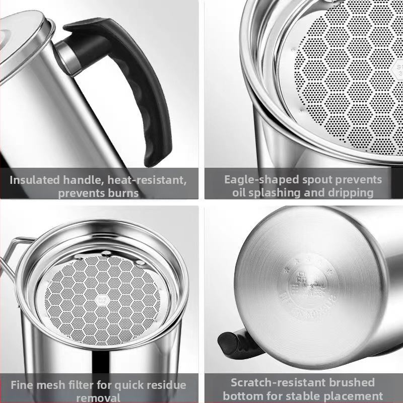 Съд за олио от 304 неръждаема стомана, против протичане, с капак и филтърна мрежа за кухнята