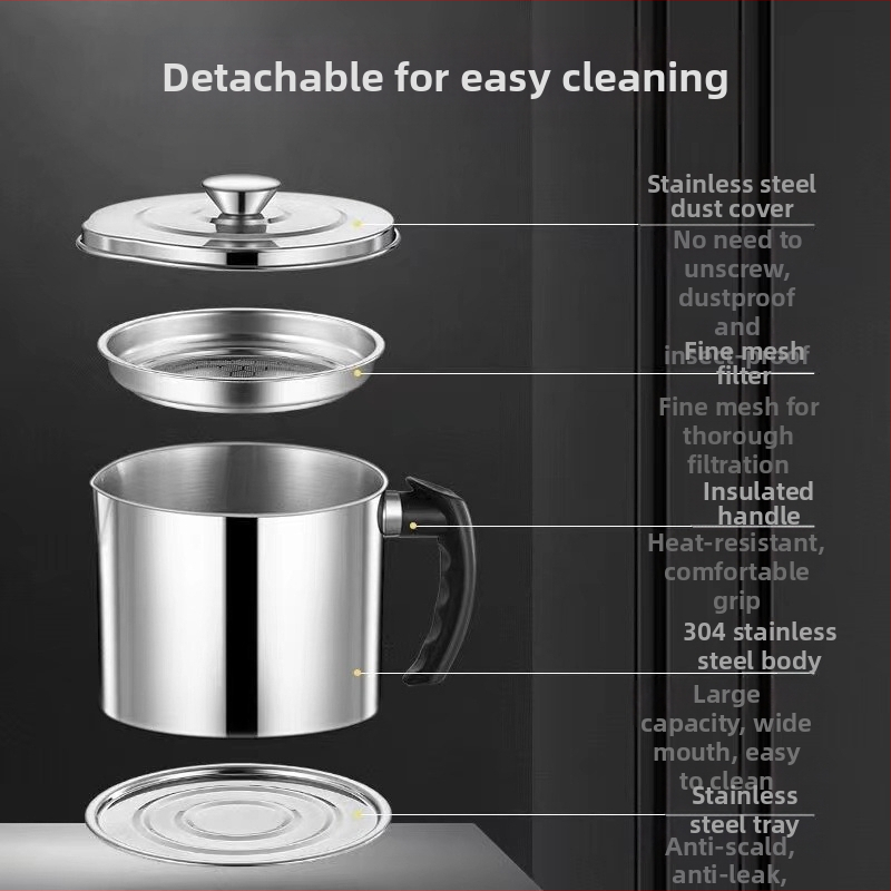 Съд за олио от 304 неръждаема стомана, против протичане, с капак и филтърна мрежа за кухнята