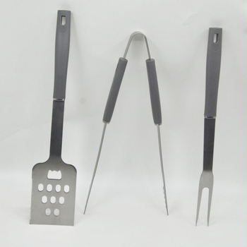 3 dalių nerūdijančio plieno kepsninės įrankių rinkinys su šakute, lopata ir klipu, PP rankenos