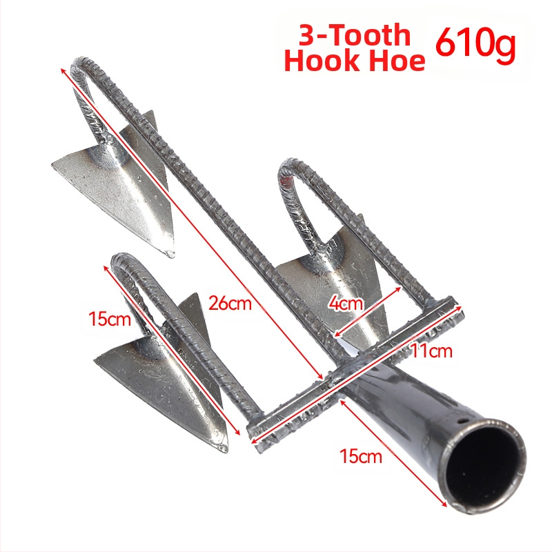 Trikampė daržo kastuvė su penkiais dantimis, mangano plienas, skirta žemei atpalaiduoti ir piktžolių naikinimui