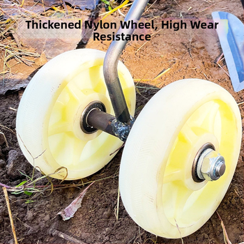 Trys viename ravėjimo įrankis su dviejų ratų pavara: dirvos atlaisvinimas, vagų formavimas ir daržovių tręšimas.