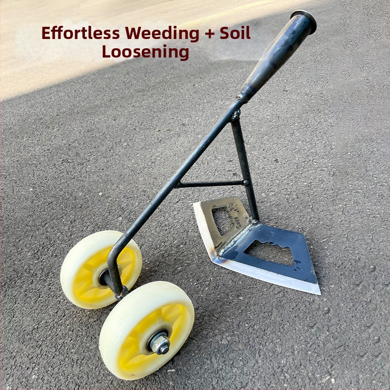 Trys viename ravėjimo įrankis su dviejų ratų pavara: dirvos atlaisvinimas, vagų formavimas ir daržovių tręšimas.