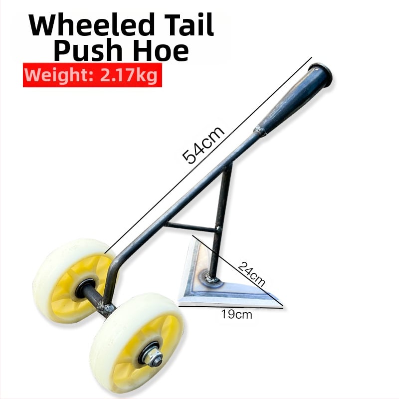 Trys viename ravėjimo įrankis su dviejų ratų pavara: dirvos atlaisvinimas, vagų formavimas ir daržovių tręšimas.