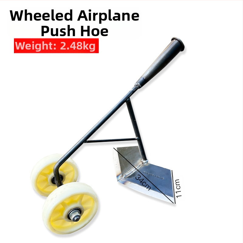 Trys viename ravėjimo įrankis su dviejų ratų pavara: dirvos atlaisvinimas, vagų formavimas ir daržovių tręšimas.