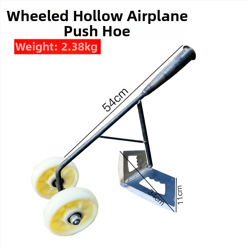 Trys viename ravėjimo įrankis su dviejų ratų pavara: dirvos atlaisvinimas, vagų formavimas ir daržovių tręšimas.