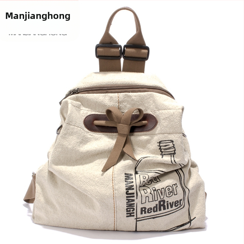 Hátizsák len- és vászon anyagból, retro utcai stílus, ívelt vállpántok, poliészter bélés, szabadidős utazásokhoz