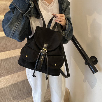 PU рюкзак в корейски стил, вертикално квадратен силует, закопчаване с връзка и катарама, вътрешен джоб за телефон, подплата полиестер-памук