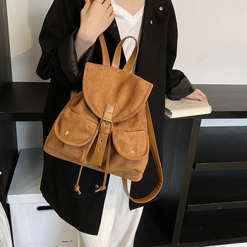 PU рюкзак в корейски стил, вертикално квадратен силует, закопчаване с връзка и катарама, вътрешен джоб за телефон, подплата полиестер-памук