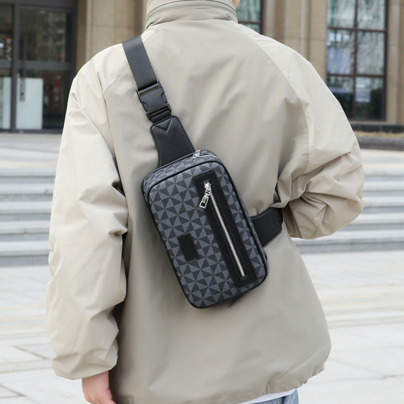 Мъжка PU чанта за гърди с геометричен принт, голям капацитет, презрамка през рамо, защита на гръбнака