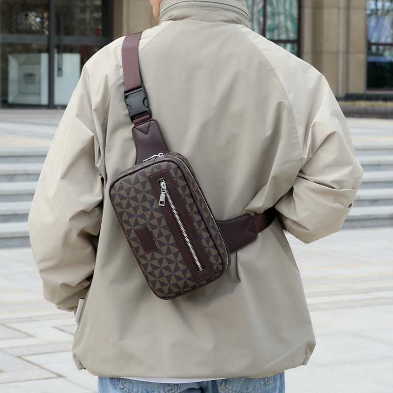 Мъжка PU чанта за гърди с геометричен принт, голям капацитет, презрамка през рамо, защита на гръбнака