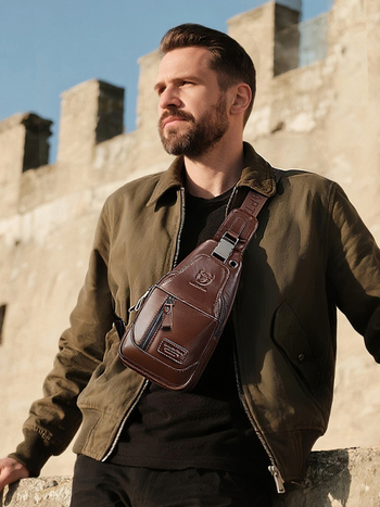 Мъжка кожена чанта за кръст с презрамка (Материал: естествена кожа; Първи слой телешка кожа; Функция: анти-крадба; Вътрешен разделител: Да; За мъже)