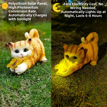 Градинска смолна соларна лампа със скулптура котка и пеперуда за външно използване на балкон и двор