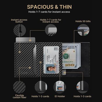 Мъжки портфейл с три сгъвания и поп-ъп механизъм, алуминиево тяло, RFID защита, голям капацитет, микрофибърно вътрешно покритие масло-восък