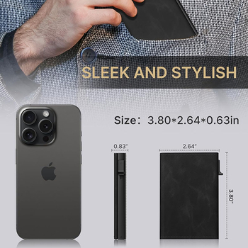 Мъжки портфейл с три сгъвания и поп-ъп механизъм, алуминиево тяло, RFID защита, голям капацитет, микрофибърно вътрешно покритие масло-восък