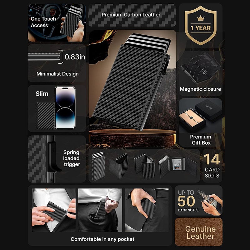 Muški novčanik s tri-fold pop-up mehanizmom, aluminijski okvir, RFID zaštita, veliki kapacitet, podstava od mikrovlaknastog ulja voska
