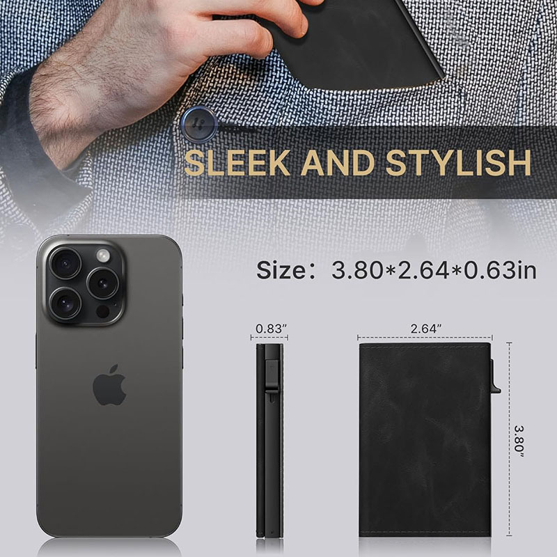 Muški novčanik s tri-fold pop-up mehanizmom, aluminijski okvir, RFID zaštita, veliki kapacitet, podstava od mikrovlaknastog ulja voska