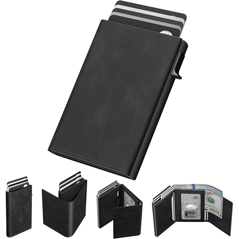 Muški novčanik s tri-fold pop-up mehanizmom, aluminijski okvir, RFID zaštita, veliki kapacitet, podstava od mikrovlaknastog ulja voska