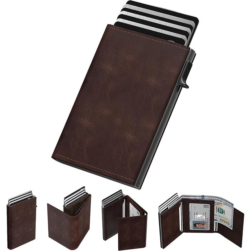 Muški novčanik s tri-fold pop-up mehanizmom, aluminijski okvir, RFID zaštita, veliki kapacitet, podstava od mikrovlaknastog ulja voska