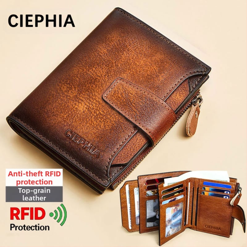 CIEPHIA мъжки портфейл от естествена кожа с RFID защита, ретро къс модел, много отделения за карти и монети с цип