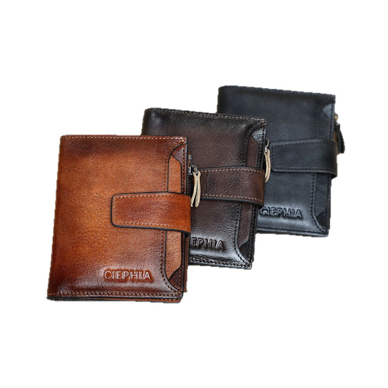 CIEPHIA мъжки портфейл от естествена кожа с RFID защита, ретро къс модел, много отделения за карти и монети с цип