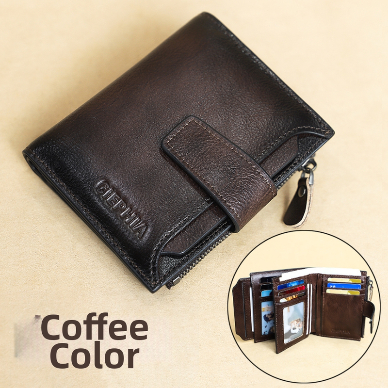 CIEPHIA мъжки портфейл от естествена кожа с RFID защита, ретро къс модел, много отделения за карти и монети с цип