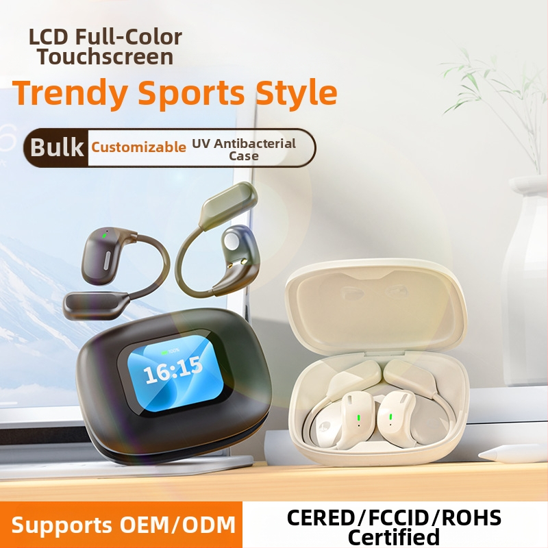 Bezdrôtové športové slúchadlá s háčikom na ucho, ovládanie dotykom a digitálny displej (Bluetooth 5.4, dosah 15 m, výdrž batérie 4–8 h)