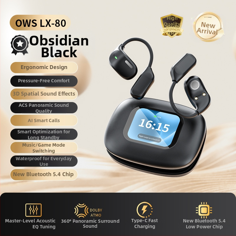 Bezdrôtové športové slúchadlá s háčikom na ucho, ovládanie dotykom a digitálny displej (Bluetooth 5.4, dosah 15 m, výdrž batérie 4–8 h)